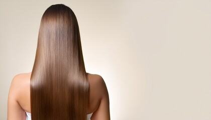 Naklejka premium Hair care banner. Women's hair care products. Smooth and silky hair. Back view. Straight, shiny hair cascading down the back on a neutral background with free space for text