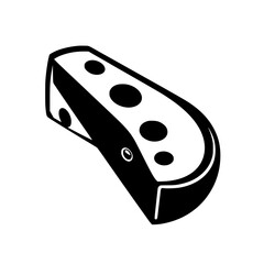 Black and white illustration of a cheese-shaped object with circular holes, minimalist, abstract.