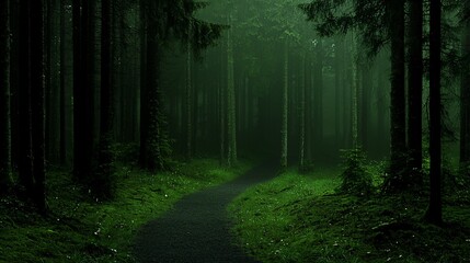 Mysterious path winding through a dark, foggy forest.