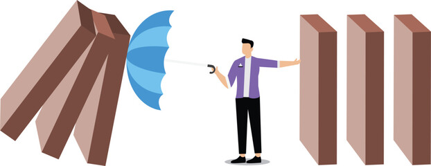 Businessman stop domino collapsing despair