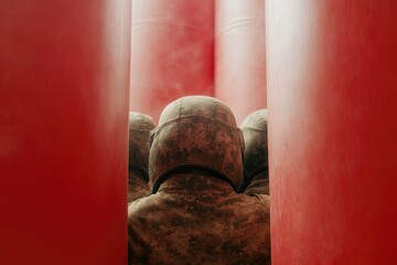 Dark silhouettes of figures framed by striking red columns evoke