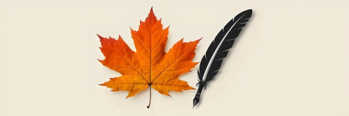 Obraz premium Vibrant orange maple leaf next to black quill pen on white background