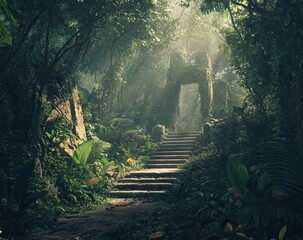 Jungle Ruins Stairway to Sunlit Archway
