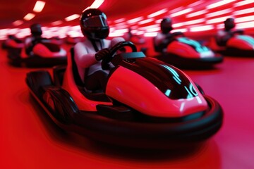 Brightly lit racing scene featuring sleek go-karts in motion on