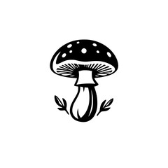 Black and White Mushroom Illustration with Leaves. Stylized, minimalist design with a minimalist mushroom.