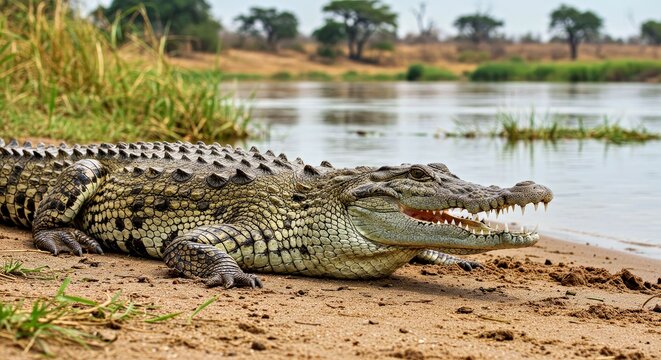  A Nile Crocodile Resting on the Sandy Banks of the Zambezi River. Focus on Its Textured Scales, Powerful Jaw, and the Fine Detail of Its Sharp Teeth