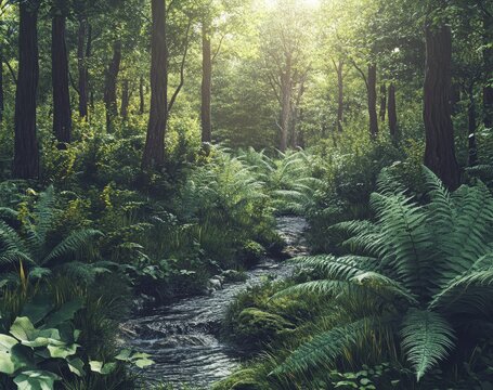 Sunlit forest stream, lush ferns, tranquil background, nature scene