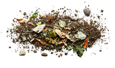 Scattered pile of dry soil with leaves and small rocks, isolated on transparent background