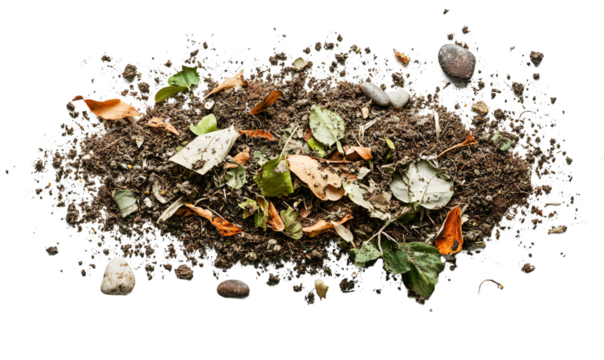 Scattered pile of dry soil with leaves and small rocks, isolated on transparent background