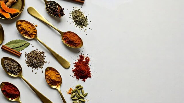 A vibrant arrangement of various spices and herbs on a white surface