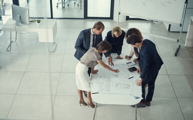 Realtor, meeting and blueprint with business people in office for idea, property or building...