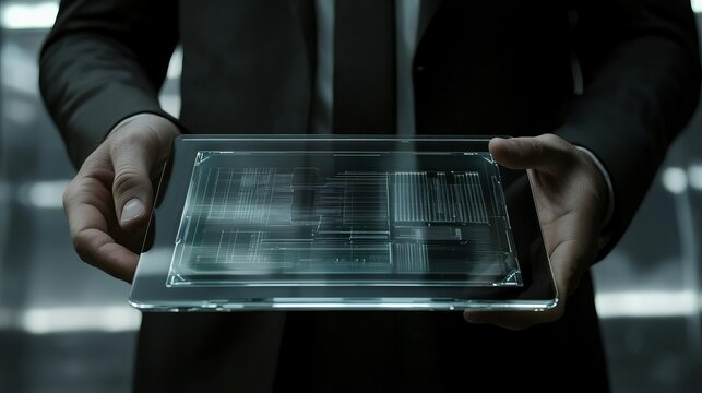 Futuristic Transparent Tablet Technology Businessman Holding Modern Device Digital Interface Screen Display Innovative Gadget Future Technology       