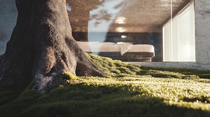 Fototapeta premium Modern bio integrated architecture showcases a mountainside home with living walls and expansive windows. The design merges nature with contemporary living while providing a serene environment