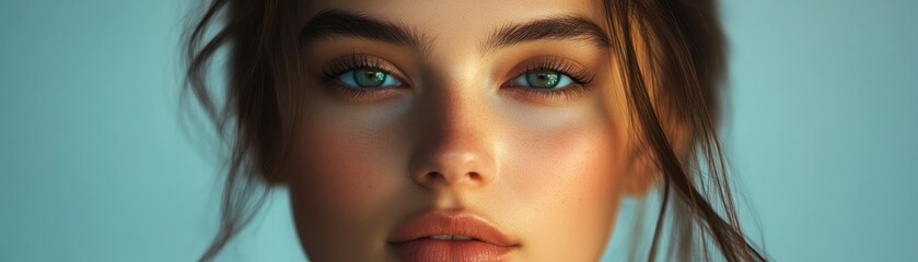 Obraz premium A model poses with a confident stare, casting a soft glance at the camera, embodying elegance and poise.