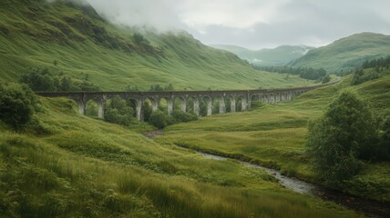 Stone Viaduct in Lush Green Valley, Misty Mountains Background