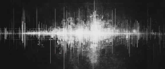 Abstract digital glitch background features white lines on a black canvas with space for creative text or design elements