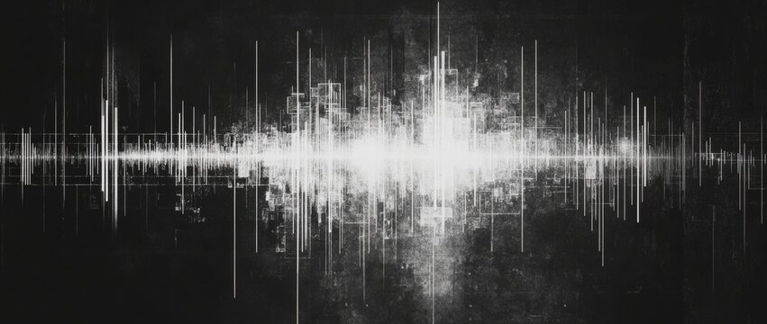 Abstract digital glitch background features white lines on a black canvas with space for creative text or design elements