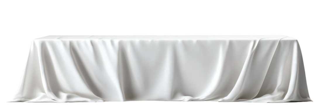 Elegant long rectangular table covered with white fabric