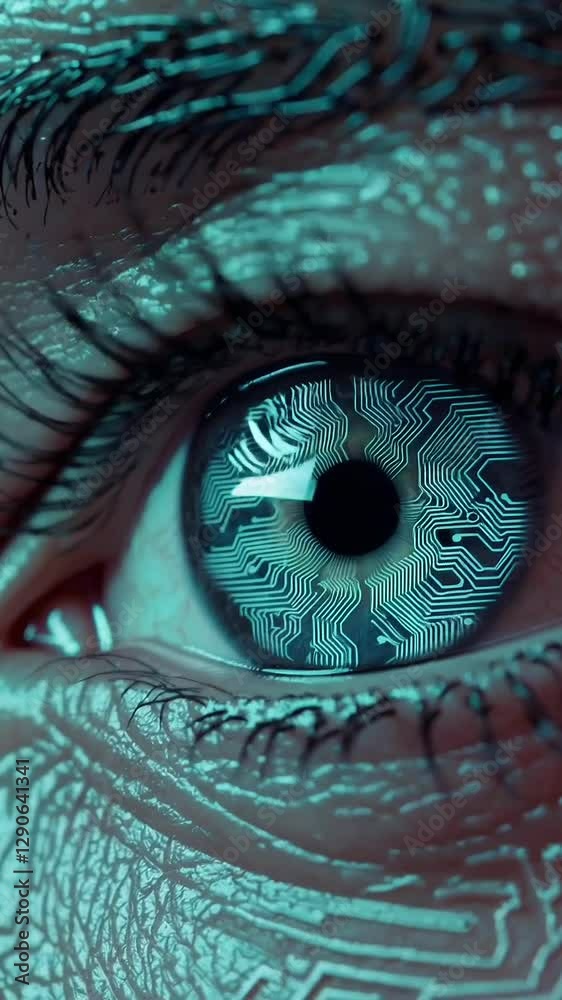 Poster Futuristic human eye with digital circuit patterns in macro motion sequence