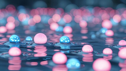 Background image of glowing blue and pink balls floating on water, dreamy and futuristic