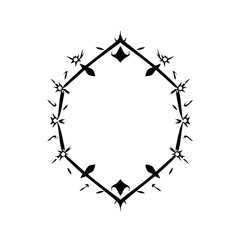 Geometric black and white hexagonal frame with floral elements within a white background.