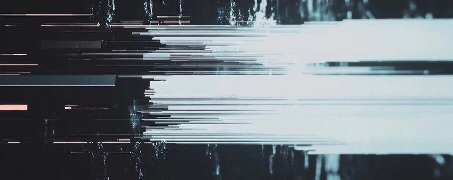Abstract digital glitch background features white lines on a black canvas with space for creative text or design elements