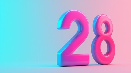 A vibrant 3D rendering of the number "28" in pink and blue hues against a soft gradient background.