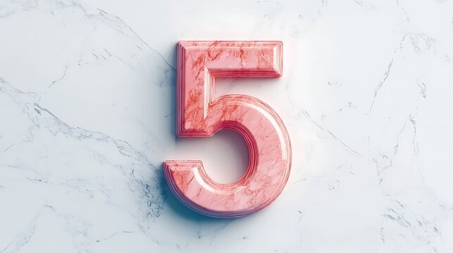 A stylized, marble-textured number 5 in pink hues, set against a smooth, light background.
