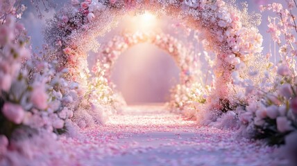 Fototapeta premium Enchanting floral archway adorned with petals, creating a romantic glow for an indoor wedding celebration.