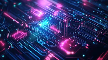 Abstract background with futuristic circuit board patterns and glowing elements.