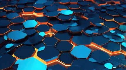 Fototapeta premium Abstract background with dark blue and light blue hexagons over orange highlights. Use this pattern for a tech related project needing a honeycomb visual.
