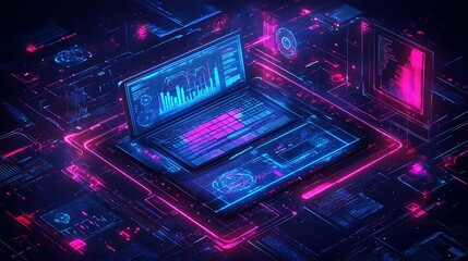 Obraz premium Futuristic Digital Interface with Data Visualizations, A futuristic digital interface with glowing blue and pink elements