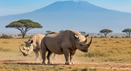 Obraz premium A Pair of Black Rhinos in a Dusty African Plain, Near the Ngorongoro Crater. Focus on Their Thick, Rough Skin, Distinct Horns, and Strong Postures.