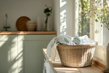 Bask in Sunlight Illuminating a Woven Basket Filled With Freshly Laundered Clothes in a Serene Kitchen Setting