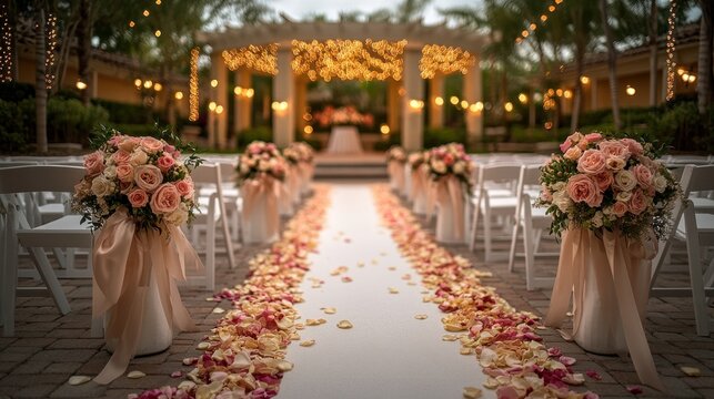 Romantic wedding aisle decorated with roses and petals, gazebo in background