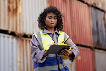 Female engineer standing at shipping container yard inspecting cargo delivering loading document on chart. Afro hair african woman in uniform checking import export container at logistic terminal dock