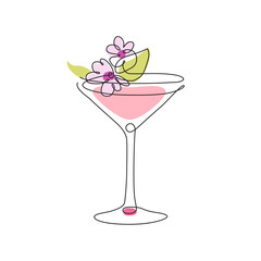 Abstract line drawing of Cherry Martini Blossom cocktail in pastel pink colors, suitable for cards, textiles or scrapbooking.