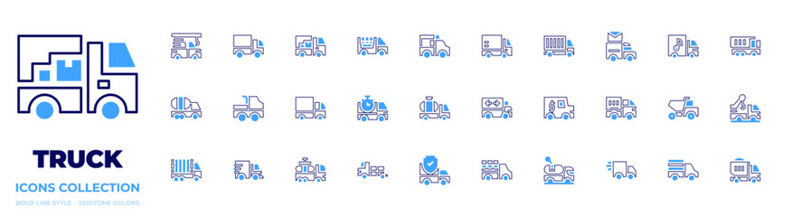 Truck icon collection Bold line style Duotone colors. Vector, Frame, delivery truck, truck, dump truck, tank truck, cement truck, crane truck