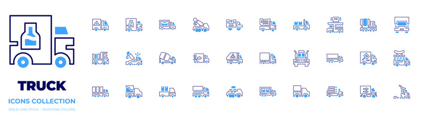 Truck icon collection Bold line style Duotone colors. Vector, Frame, delivery truck, truck, pickup, recycling truck, mixer truck, dump truck