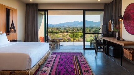 Fototapeta premium Spacious hotel room with a balcony, offering breathtaking views of mountains and nature