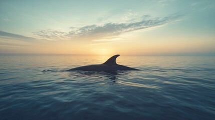 Fototapeta premium Majestic fin emerging from tranquil waters at sunset, reflecting