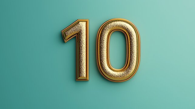 A golden inflatable number "10" against a mint green background, symbolizing celebration or a milestone.