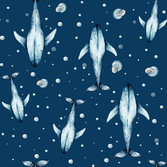 Blue whale undersea, shells seamless pattern. Watercolor hand drawn illustration isolated on background. For designers, logo, postcards, greetings, birthday, calendar, wallpapers, wrapping paper