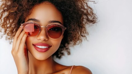 Fototapeta premium Woman in expensive sunglasses with confident facial expression posing, white background. 