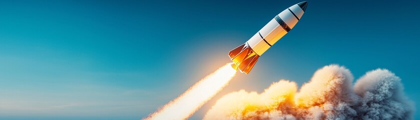 A rocket launching into the sky, flames and smoke billowing beneath, intense energy of propulsion, detailed spacecraft textures, cinematic lighting, high-tech engineering marvel, ultra-realistic