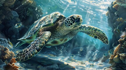 Obraz premium Majestic Sea Turtle in Vibrant Coral Reef