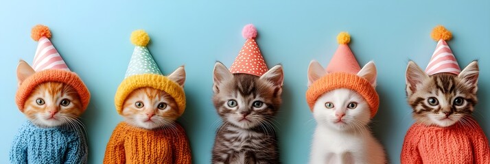 Adorable Kittens in Party Hats and Knit Sweaters Festive Cat Portraits