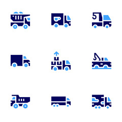 Truck icon set Bold style Duotone colors. military truck, crane truck, tow truck, delivery truck, export, truck, mover truck, tipper