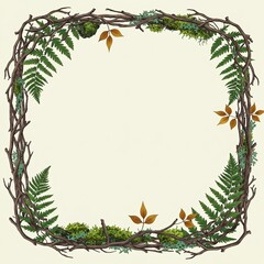 Nature-Inspired Botanical Frame Illustration Featuring Ferns and Twigs for Eco-Friendly Design Projects