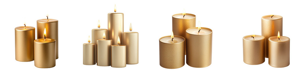Elegant golden candles in various sizes arranged in a minimalist and modern setting creating a warm cozy and inviting atmosphere for a special occasion or home decor